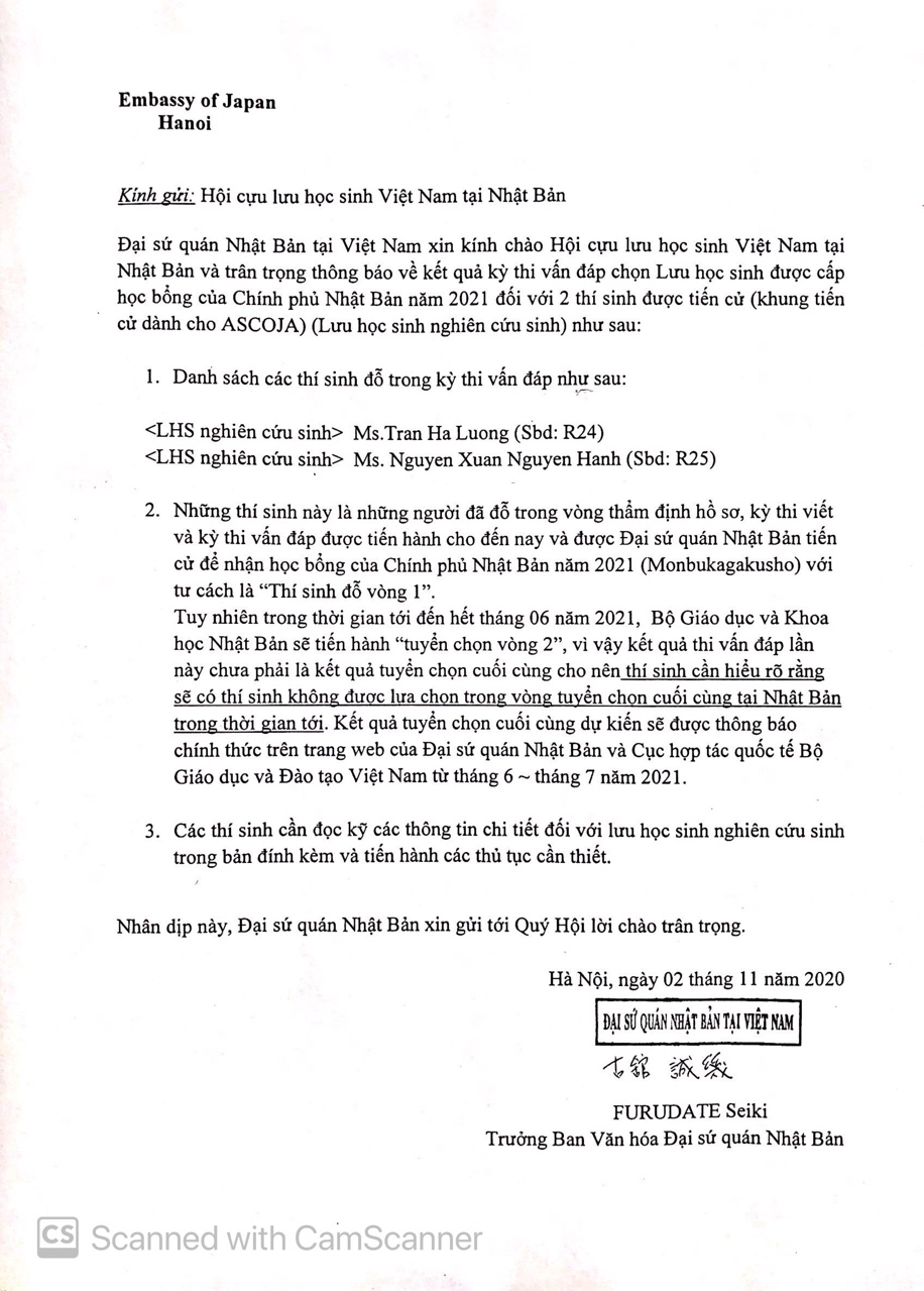 KẾT QUẢ VÒNG THI VẤN ĐÁP HỌC BỔNG MEXT-ASCOJA 2020